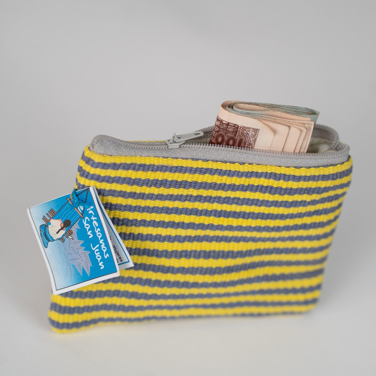 Monedero de rayas amarillo y gris